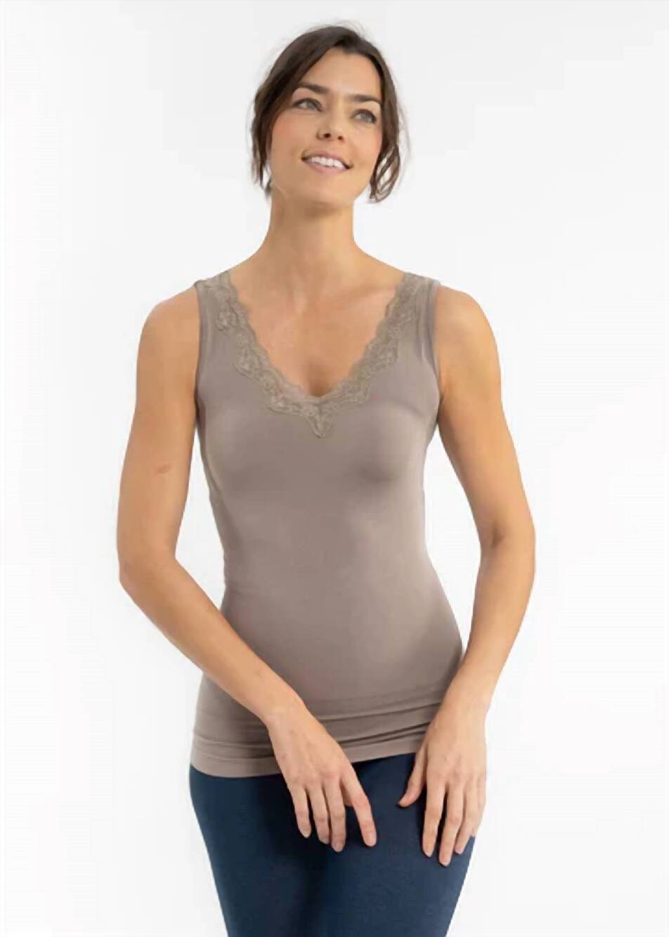 NEW ELIETIAN lace trim v-neck tank in khaki